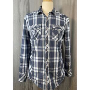 BKE Western Tailored Fit Shirt Mens L LongSleeve Blue Plaid Metal Buttons‎
